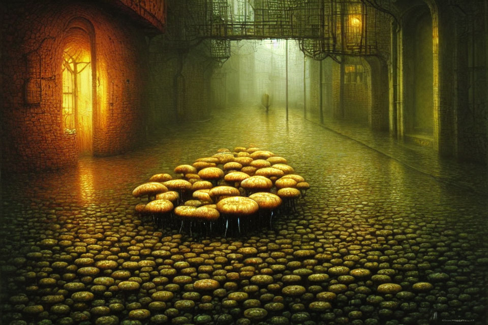 Foggy Cobblestone Street with Surreal Glowing Mushrooms