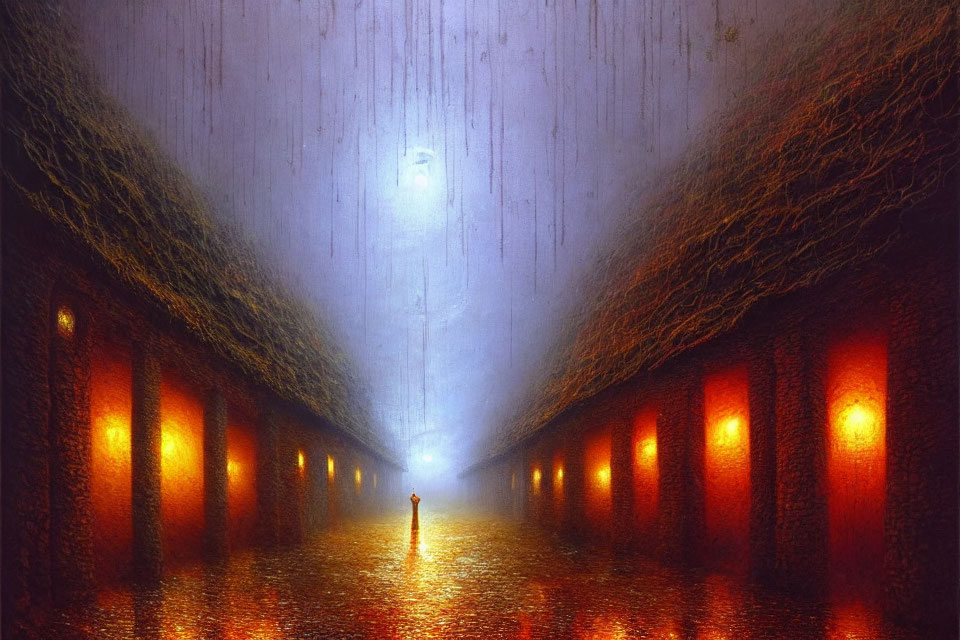 Solitary figure in cavernous tunnel illuminated by golden lights