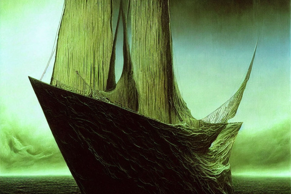 Fantastical towering ship with tall masts in mysterious green sea