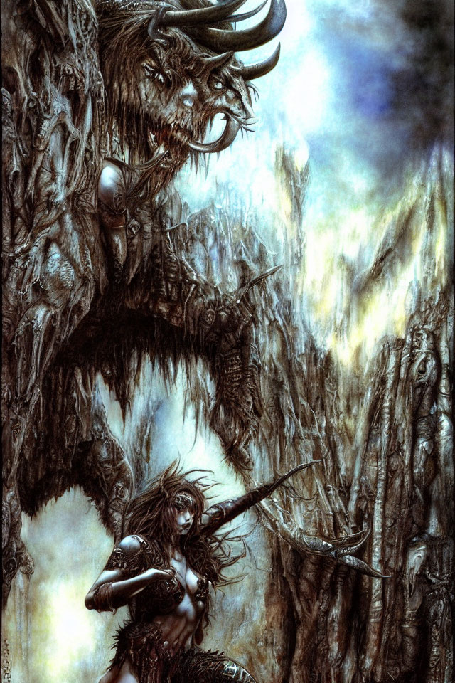 Fantasy artwork of horned creature and warrior woman in dark forest.