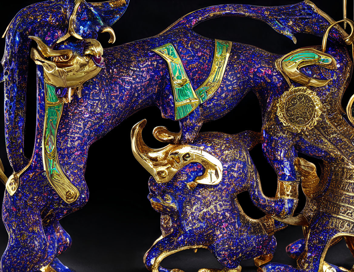 Intricate Golden Sculpture with Lapis Lazuli Inlay of Stylized Bulls