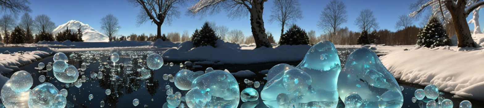 Winter landscape with blue ice formations and snow-covered trees