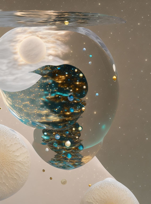 Surreal cosmic scene in transparent sphere with orbs and glittering particles