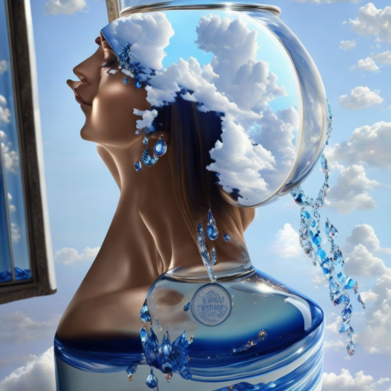 Woman with Glass Vessel Head Pouring Water and Clouds