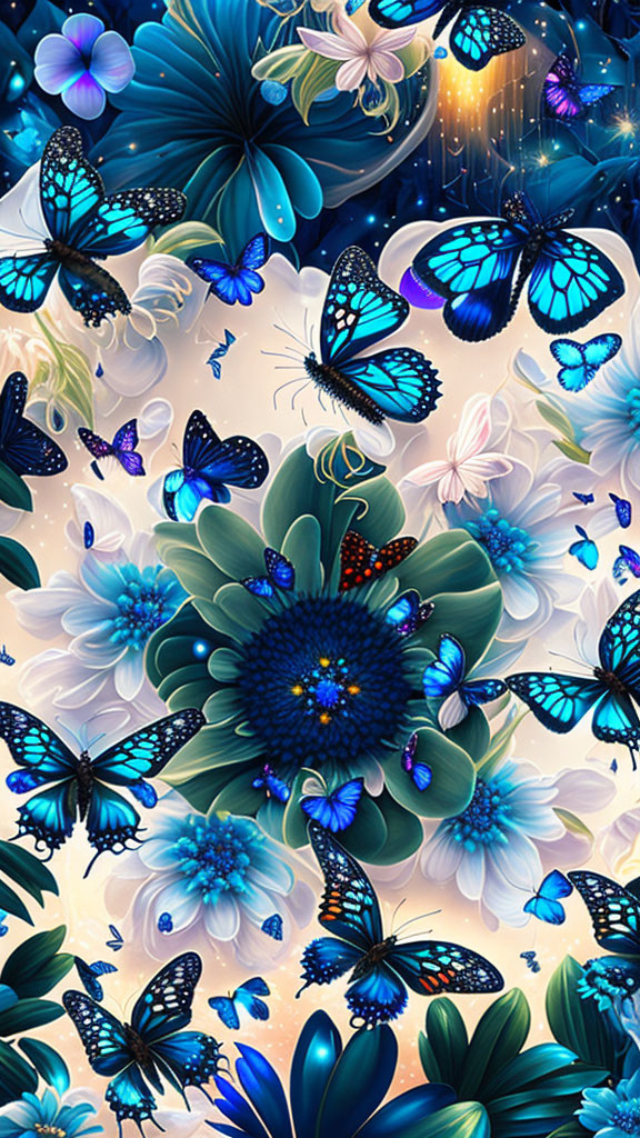 Digital Artwork: Blue and White Flowers with Butterflies on Celestial Background