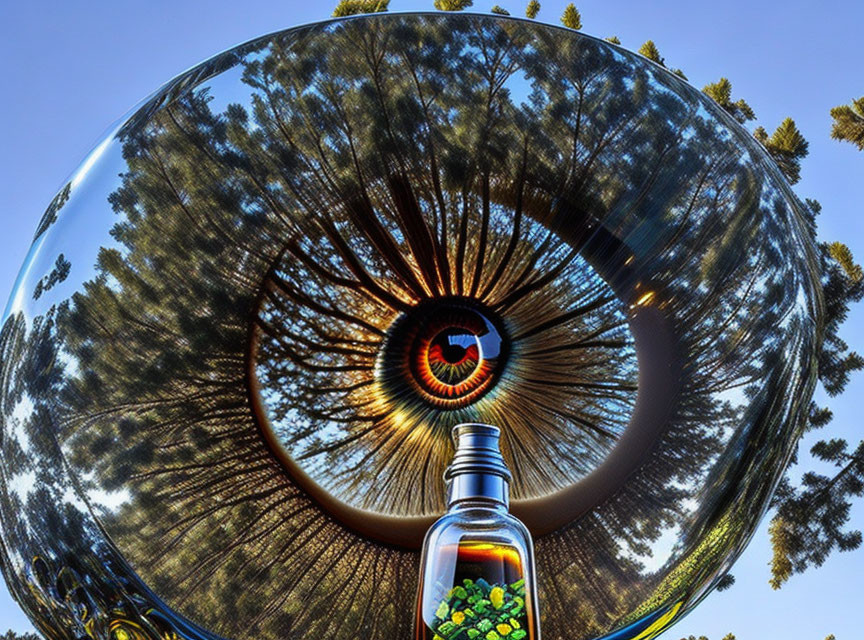 Surreal landscape in glass orb on inverted bottle