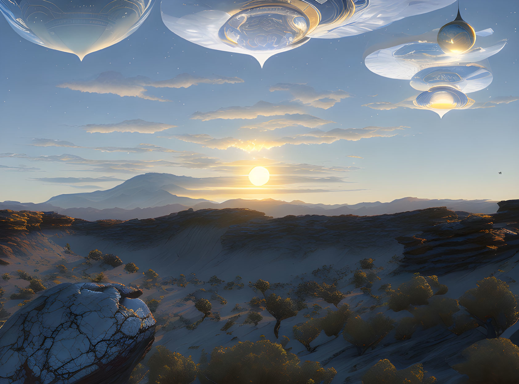 Sunset landscape with futuristic floating structures over desert terrain