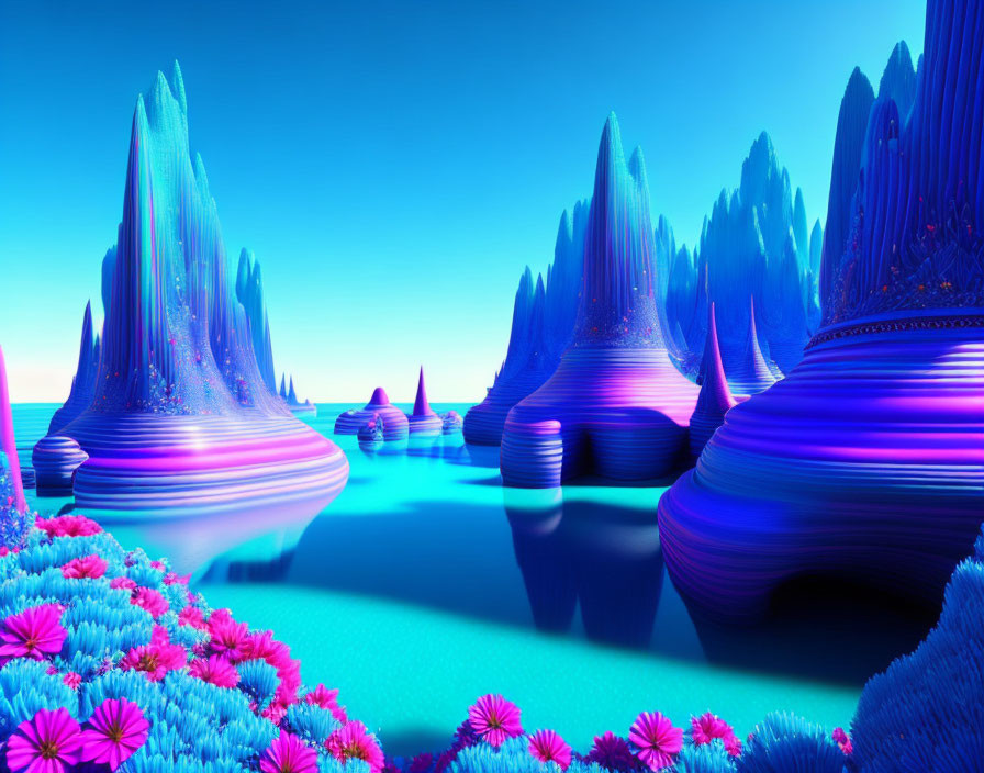 Vibrant digital landscape: luminous blue and purple mountains, pink and blue flora