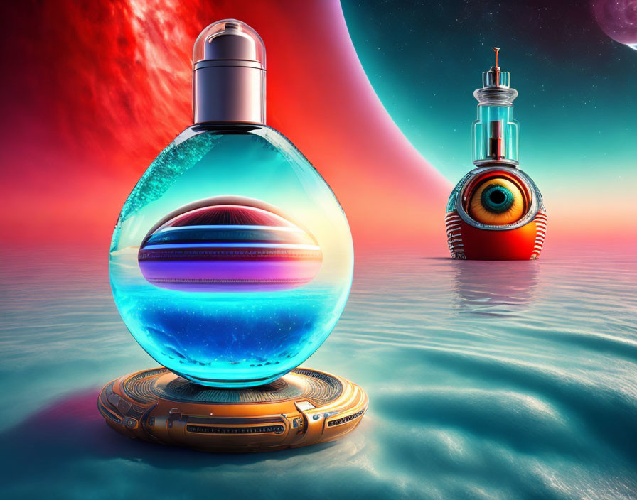 Futuristic potion bottles on reflective surface with giant planet and nebula.