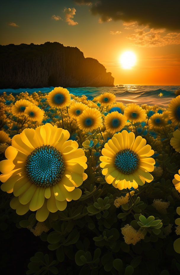 Vivid sunflowers in front of a sea at sunset with a rocky cliff.