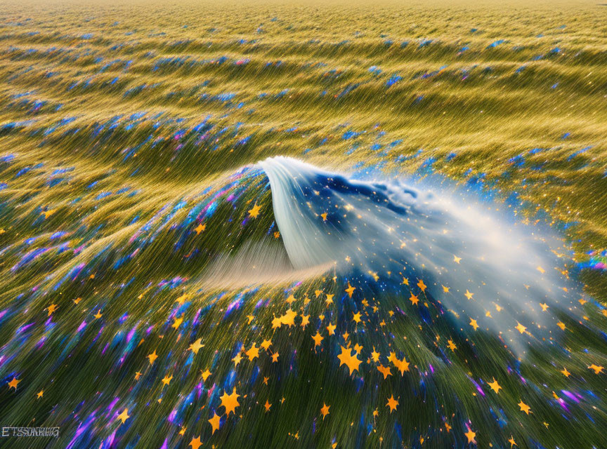 Surreal digitally-altered image: sparkling ocean field with starry wave.