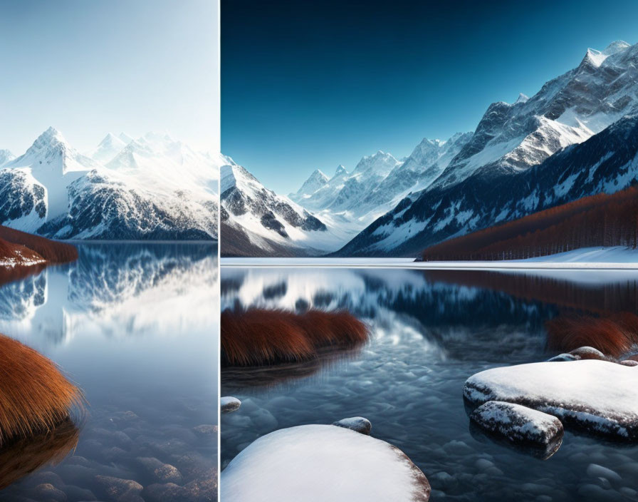 Snowy mountain lake scene with clear reflections and snow-capped stones