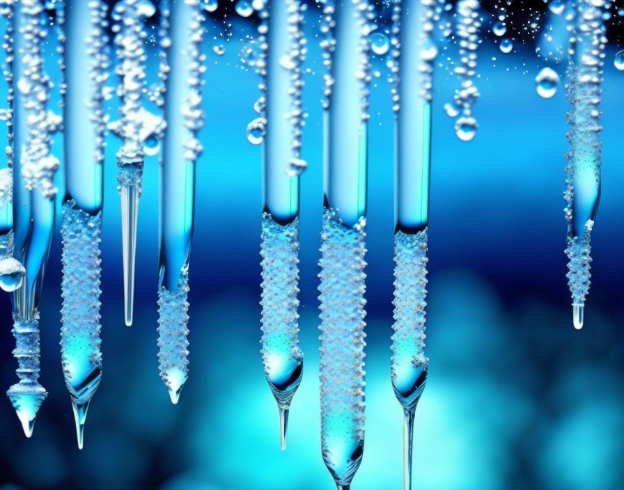 Water droplets on icicles against blurred blue background: frozen water detail.