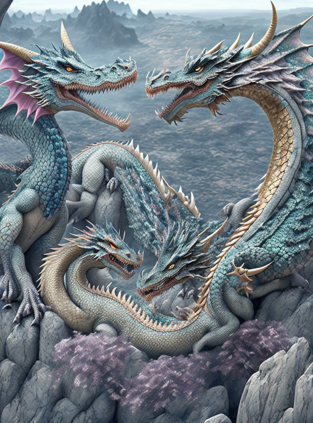 Three-headed dragon on rocky terrain with distinctive horns and frills.