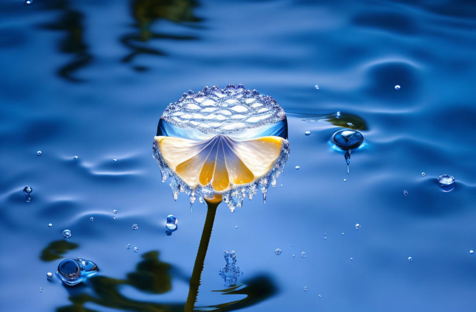 Dandelion Seed Head in Water with Droplets Creating Ripples