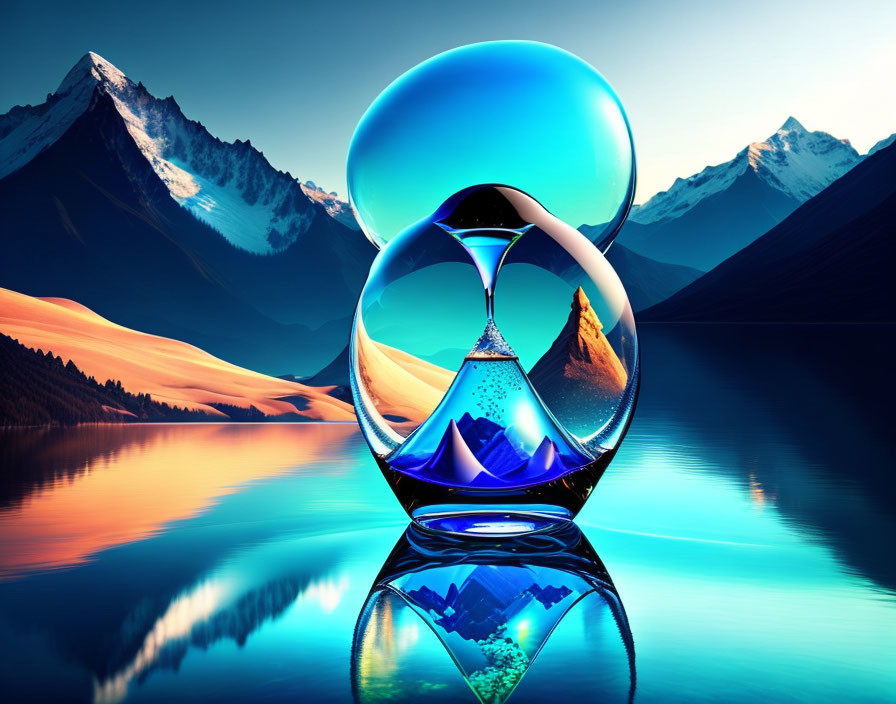 Surreal glass object with liquid landscape and mountains against backdrop of real mountains and reflective lake