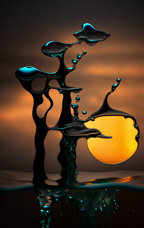 Abstract high-speed black liquid splash on warm-toned backdrop with intricate shapes and circular orange highlight