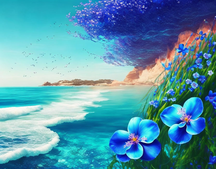 Colorful Beachscape with Blue Flowers, Waves, Sky, and Butterflies