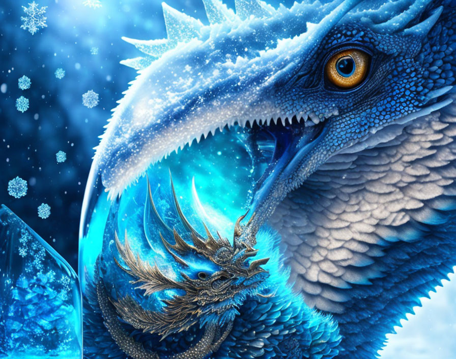 Blue dragon with intricate scales in snowy environment