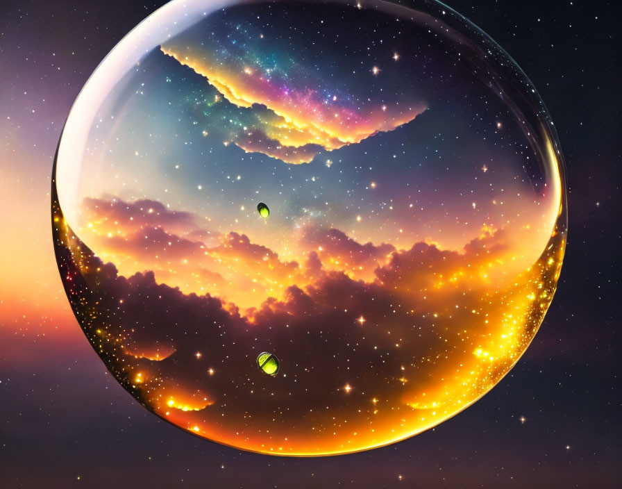 Colorful cosmic scene in transparent sphere: nebula, stars, galaxy on twilight backdrop