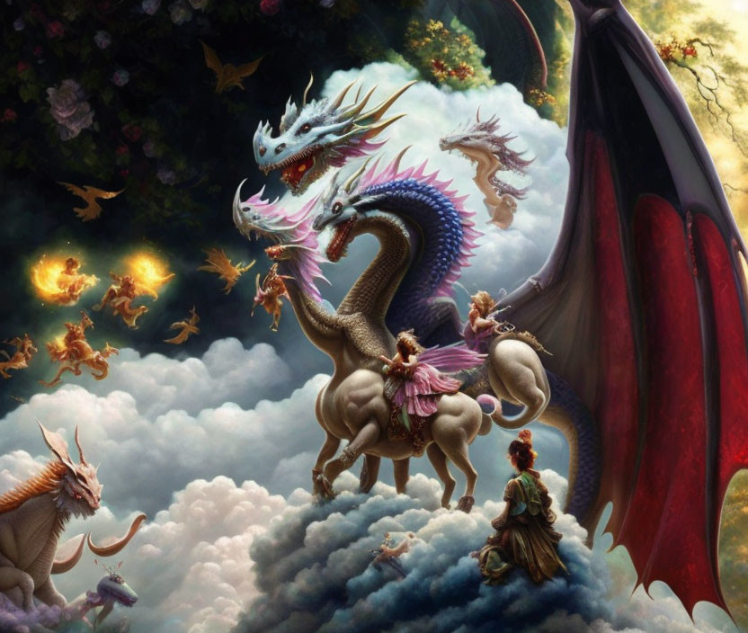 Fantastical multi-headed dragon with winged creatures in dramatic sky