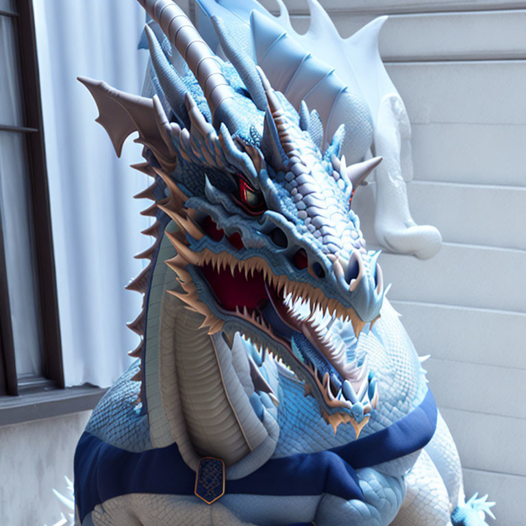 Detailed blue dragon with red eyes and snowflake window background.