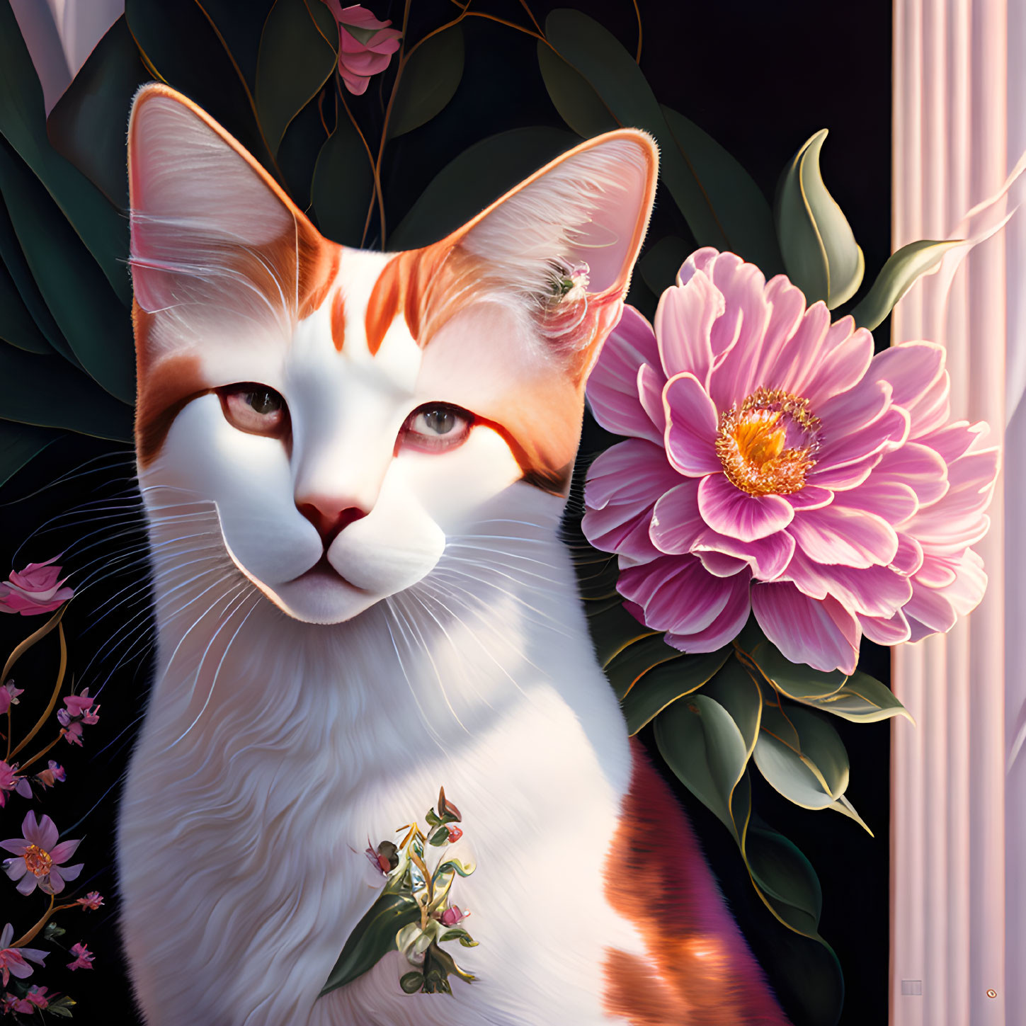 Colorful Cat Illustration with Green Eyes and Pink Flower in Lush Greenery