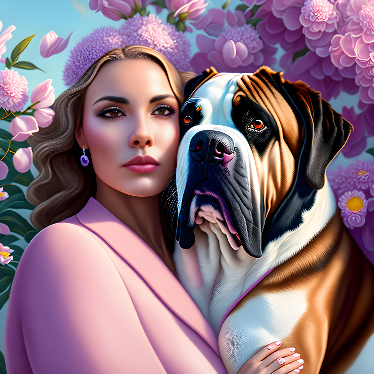 Woman with Makeup and Earrings Poses with St. Bernard Dog in Purple Flower Setting