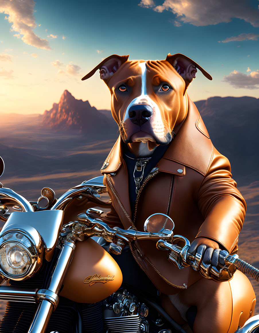 Stylized illustration of dog on motorcycle with human-like features in mountain sunset scene