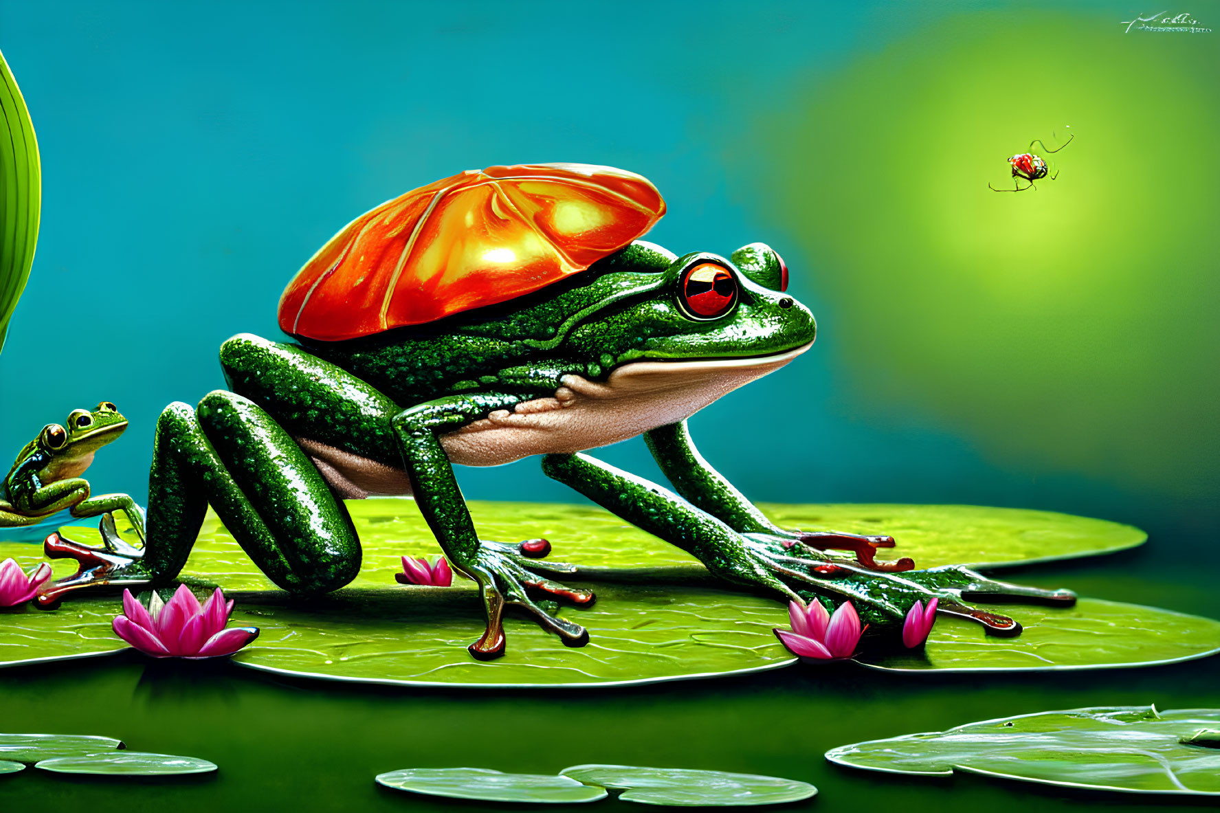 Colorful digital artwork: Green frog with tomato slice 'hat' on lily pad