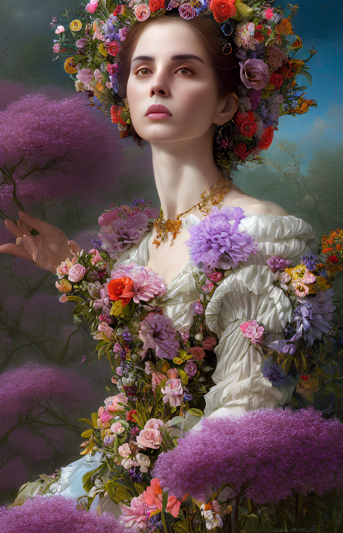 Woman in vintage dress with floral wreath among lush purple blooms