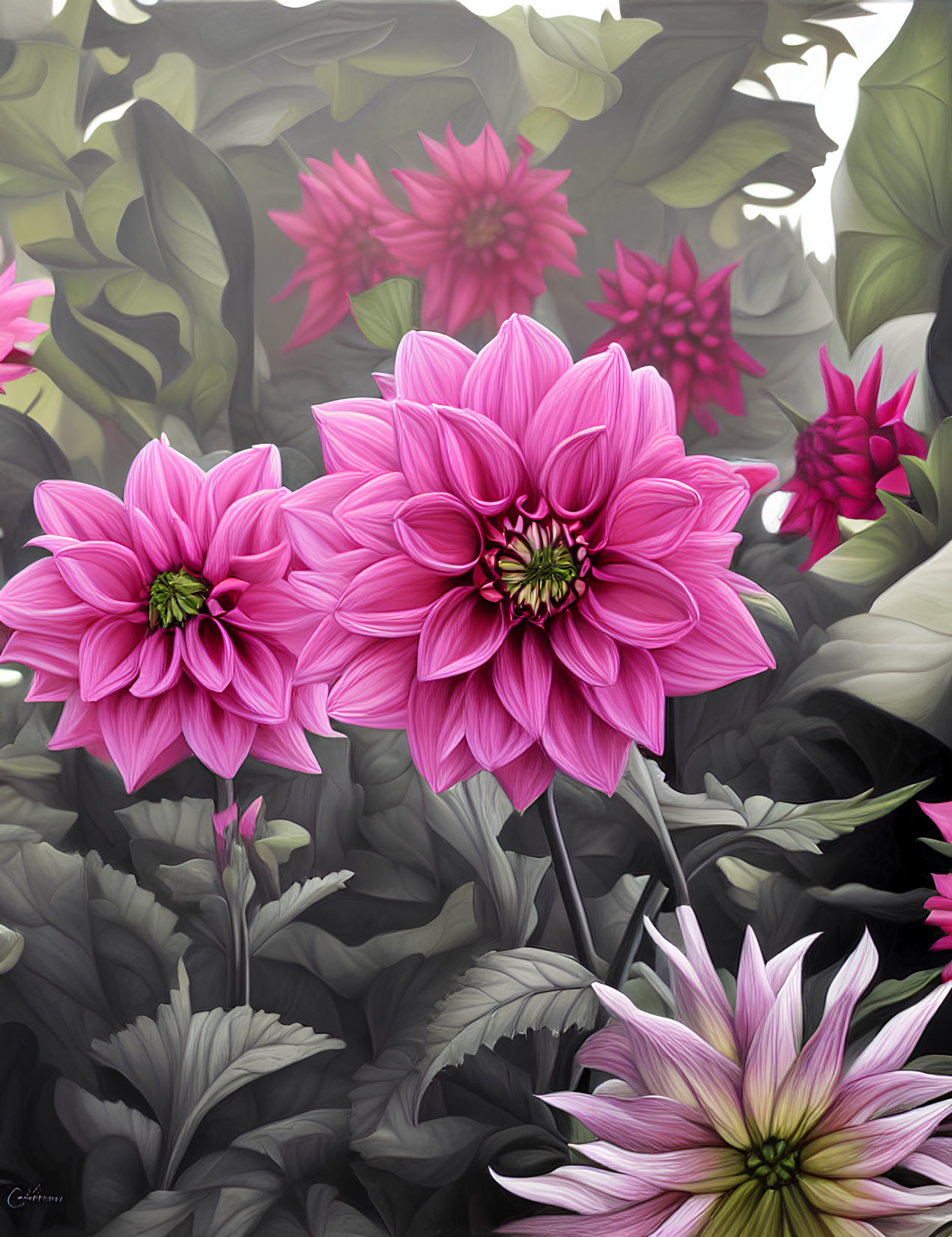 Vibrant Pink Dahlias Surrounded by Lush Greenery
