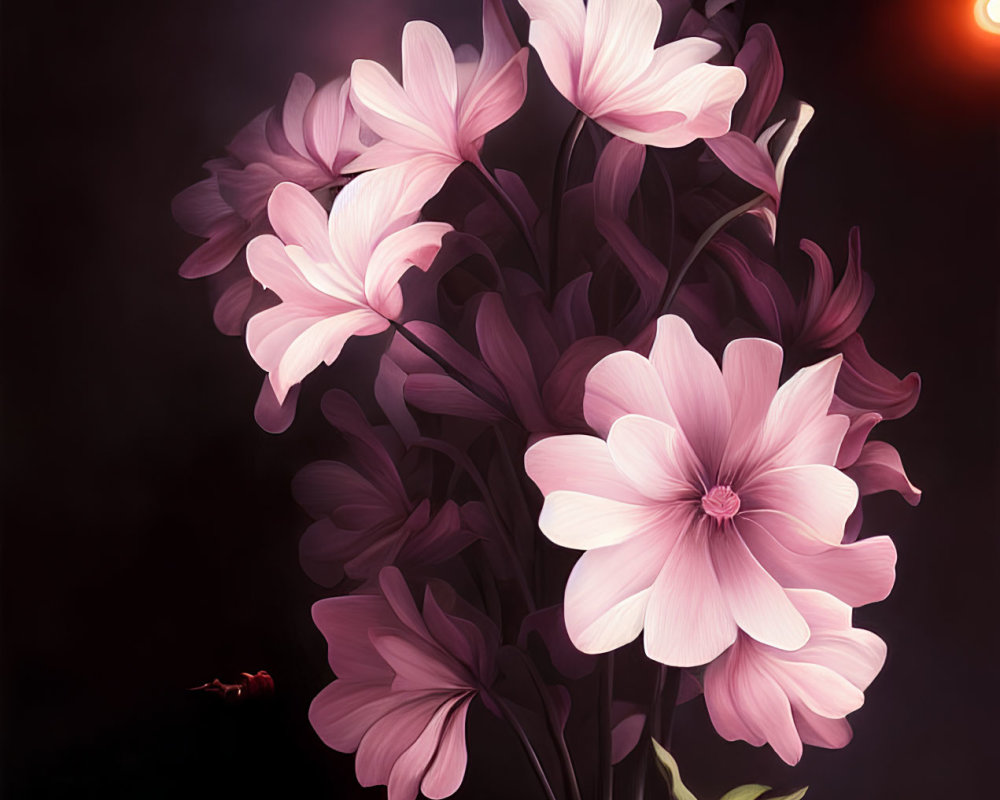 Vibrant pink flowers on dark background with glowing red spot and flying insect