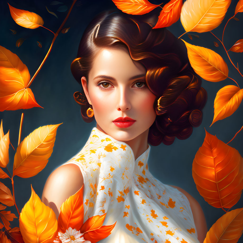 Illustrated portrait of woman with elegant hairstyle in white dress among golden autumn leaves