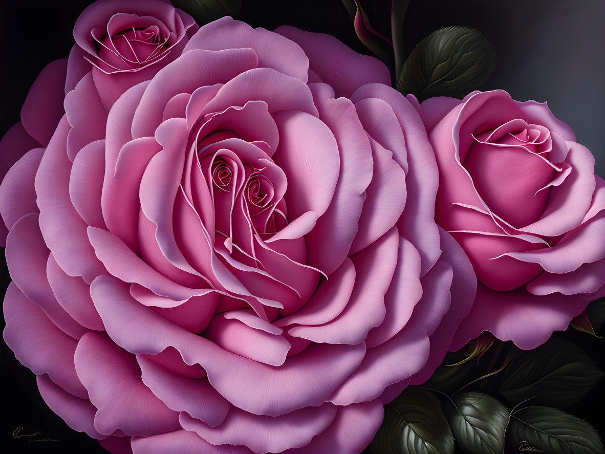 Detailed Digital Art: Three Pink Roses on Dark Background