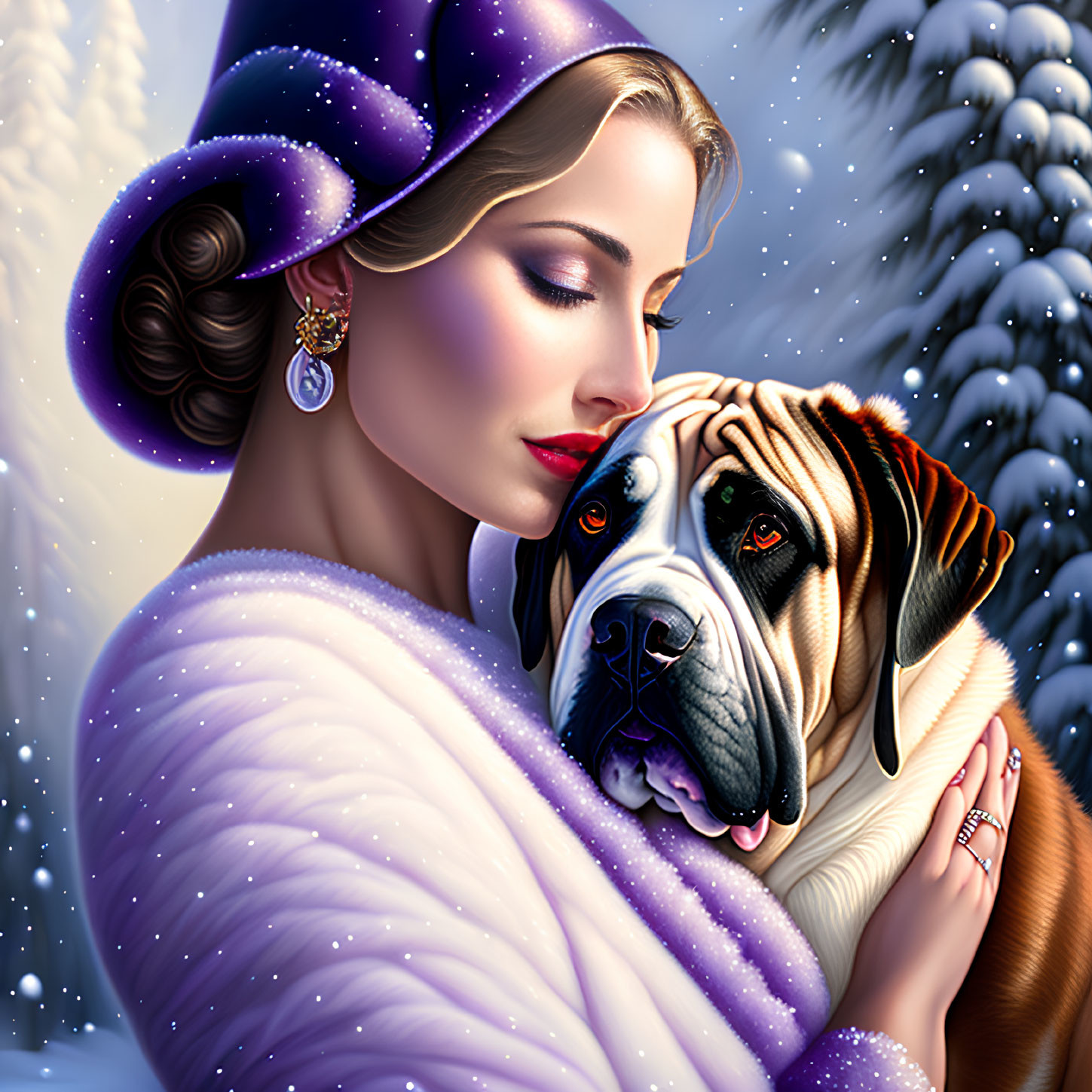 Woman with elegant makeup embracing large dog in snowy scene