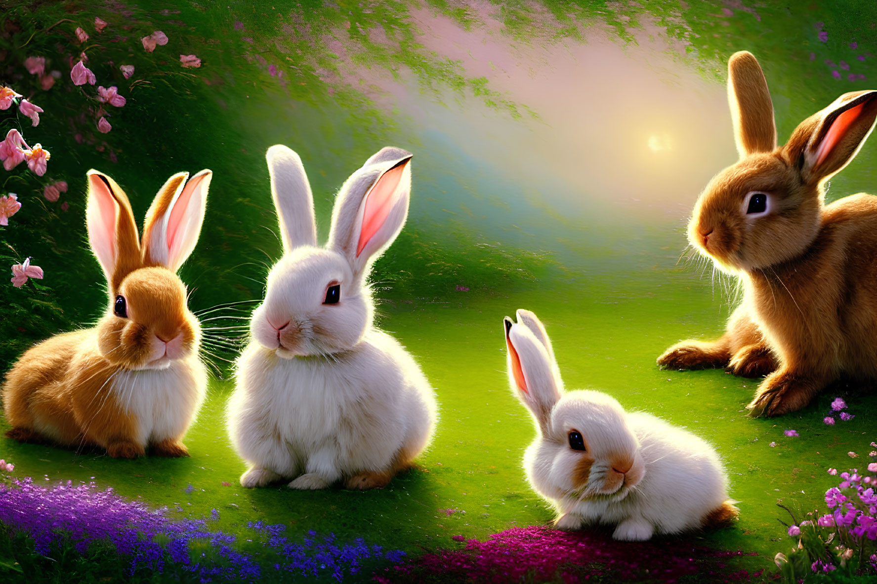 Colorful rabbits in blooming meadow with flowers