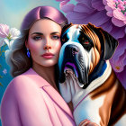 Woman with Makeup and Earrings Poses with St. Bernard Dog in Purple Flower Setting