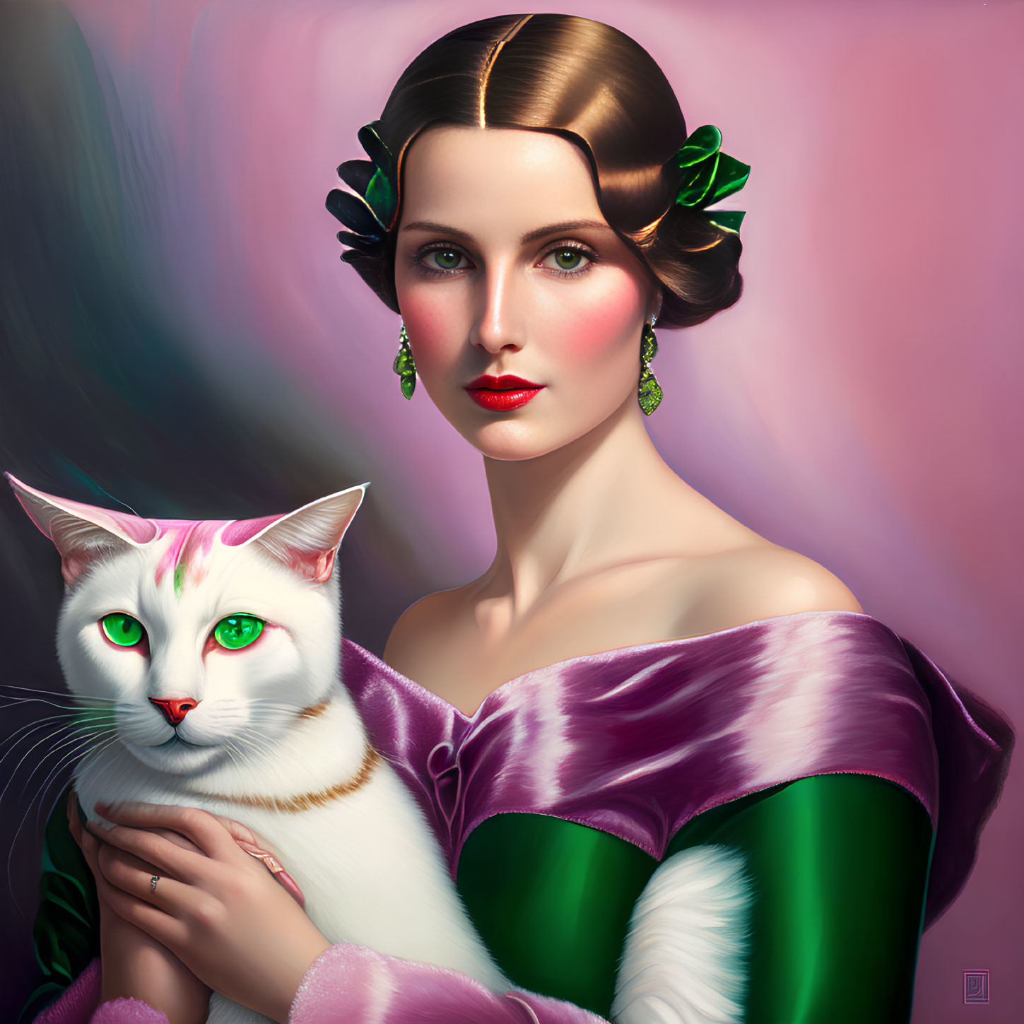 Vintage Hairstyle Woman Holding White Cat with Green Eyes on Pink Background