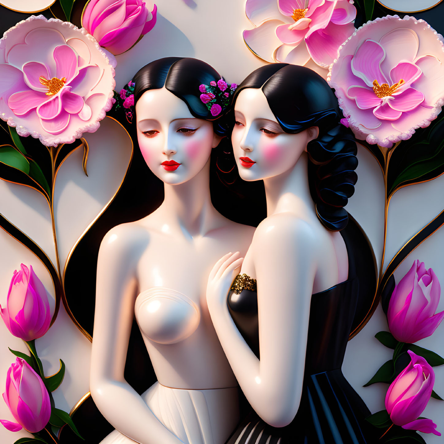 Stylized women illustration with porcelain skin and pink floral adornments