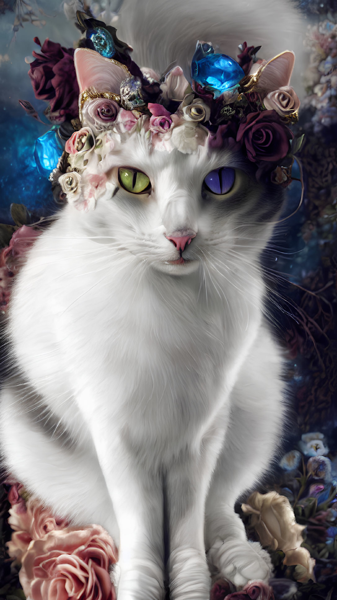 White Cat with Heterochromia in Floral Crown on Blurred Floral Background