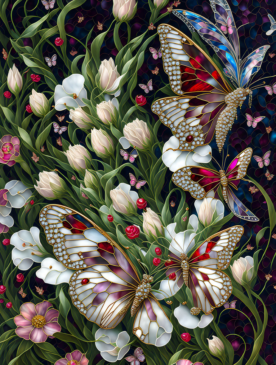 Colorful digital art: butterflies with jeweled wings in a floral setting