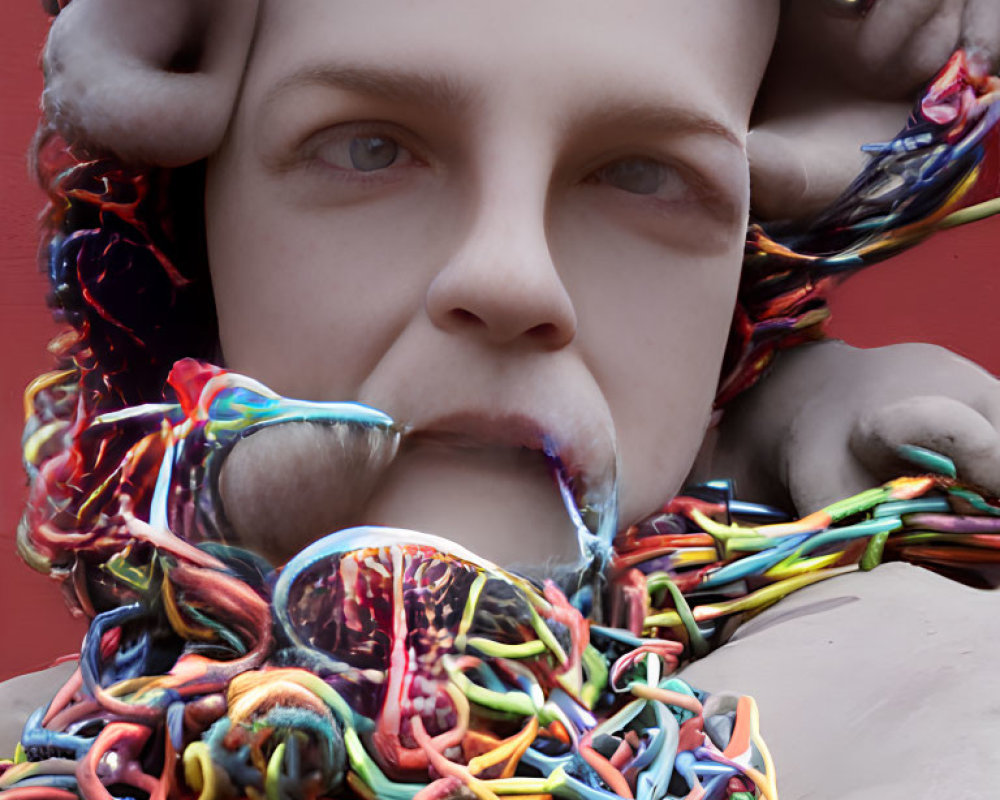 Colorful surreal sculpture of human figure with wire brain and liquid mouth