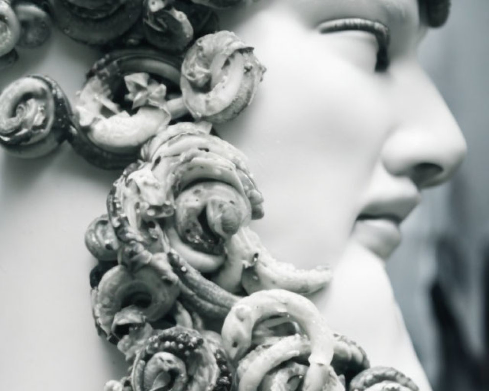 Classical statue with intricately carved curly hair resembling snakes