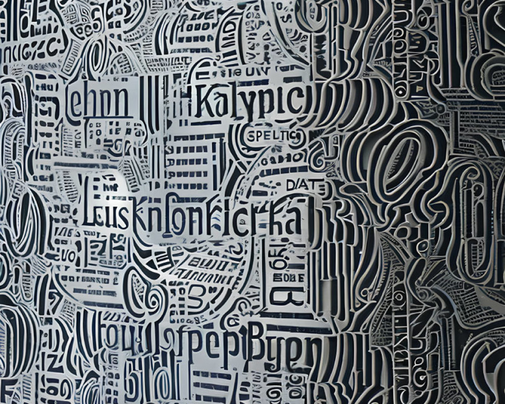 Textured monochromatic pattern with English words and abstract shapes on wall