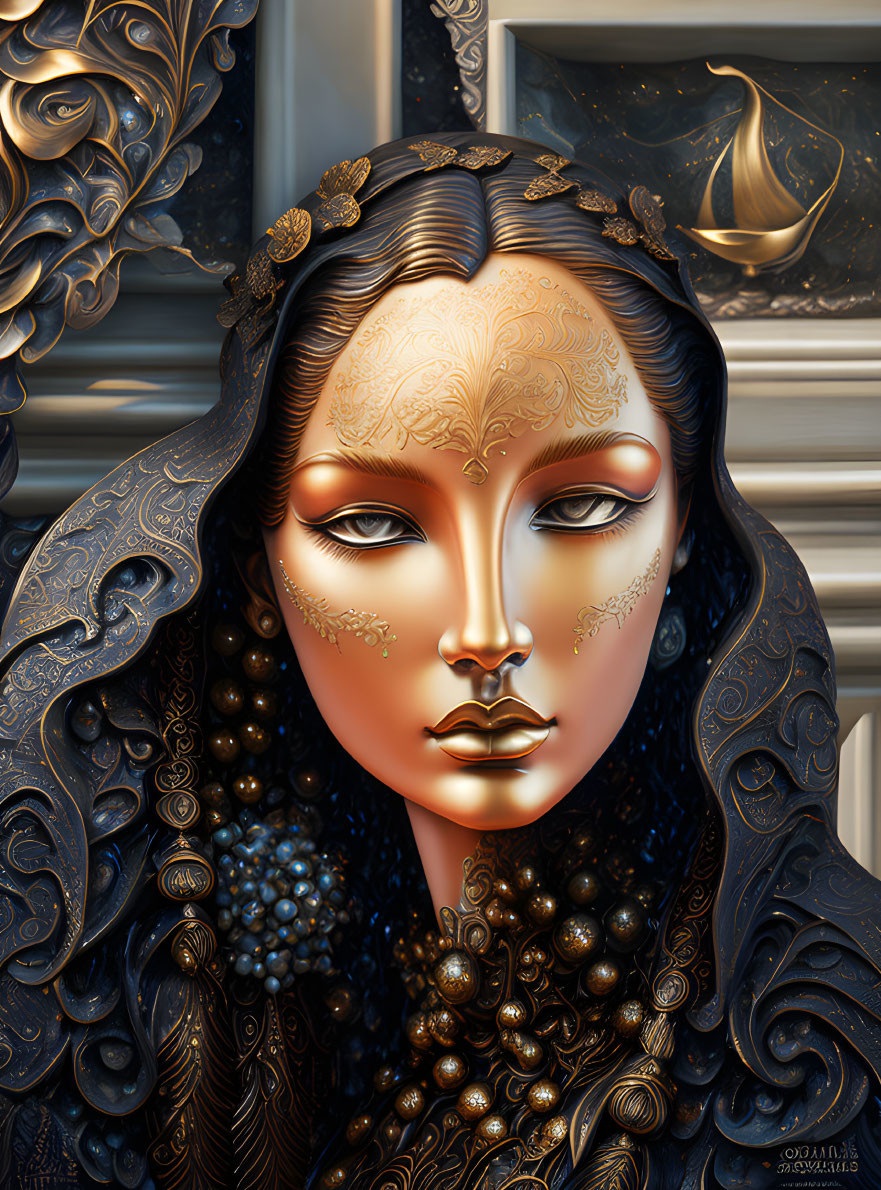 Intricate Gold and Blue Ornate Face Illustration