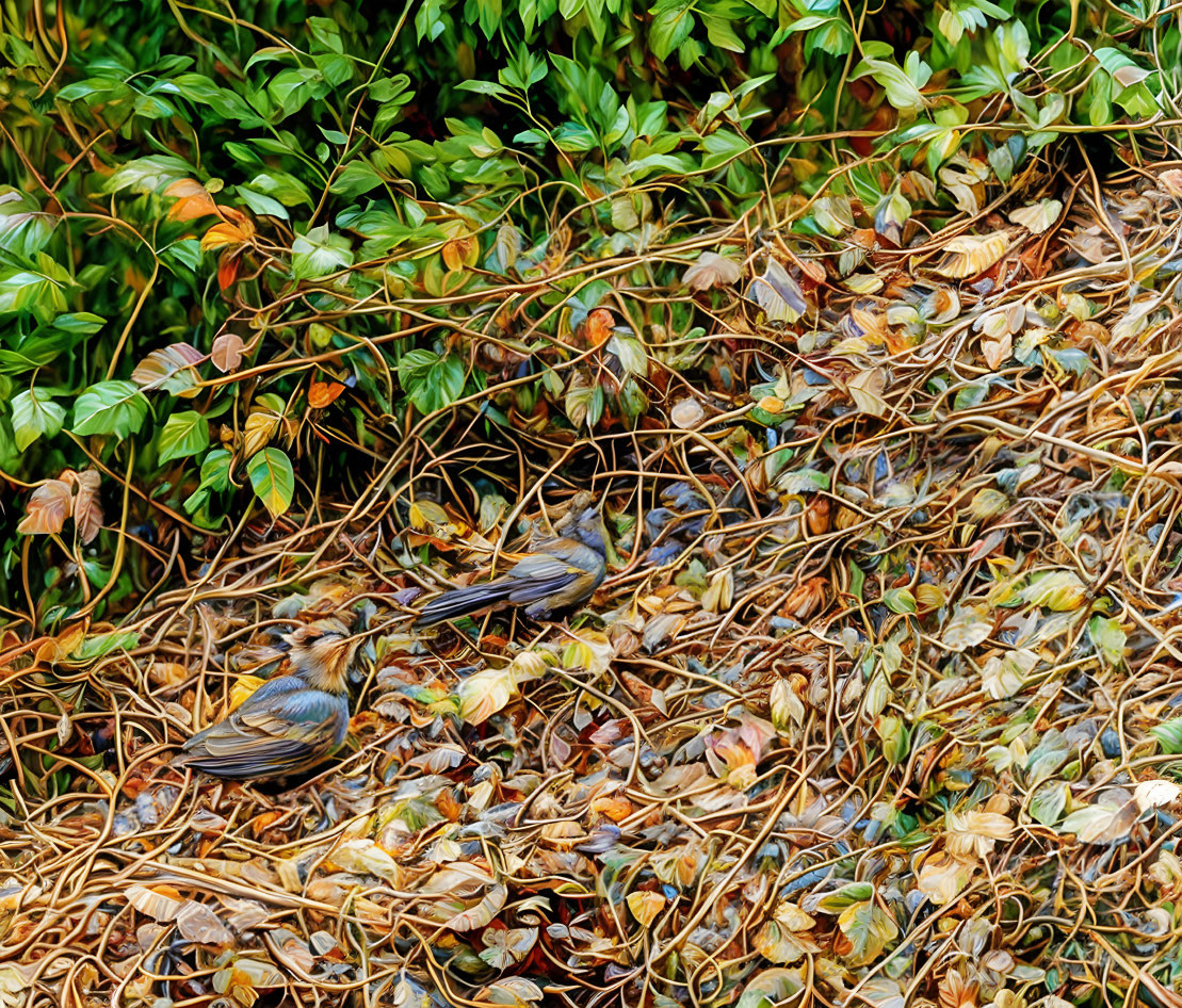 Birds blending in dense vine mesh with scattered dry leaves