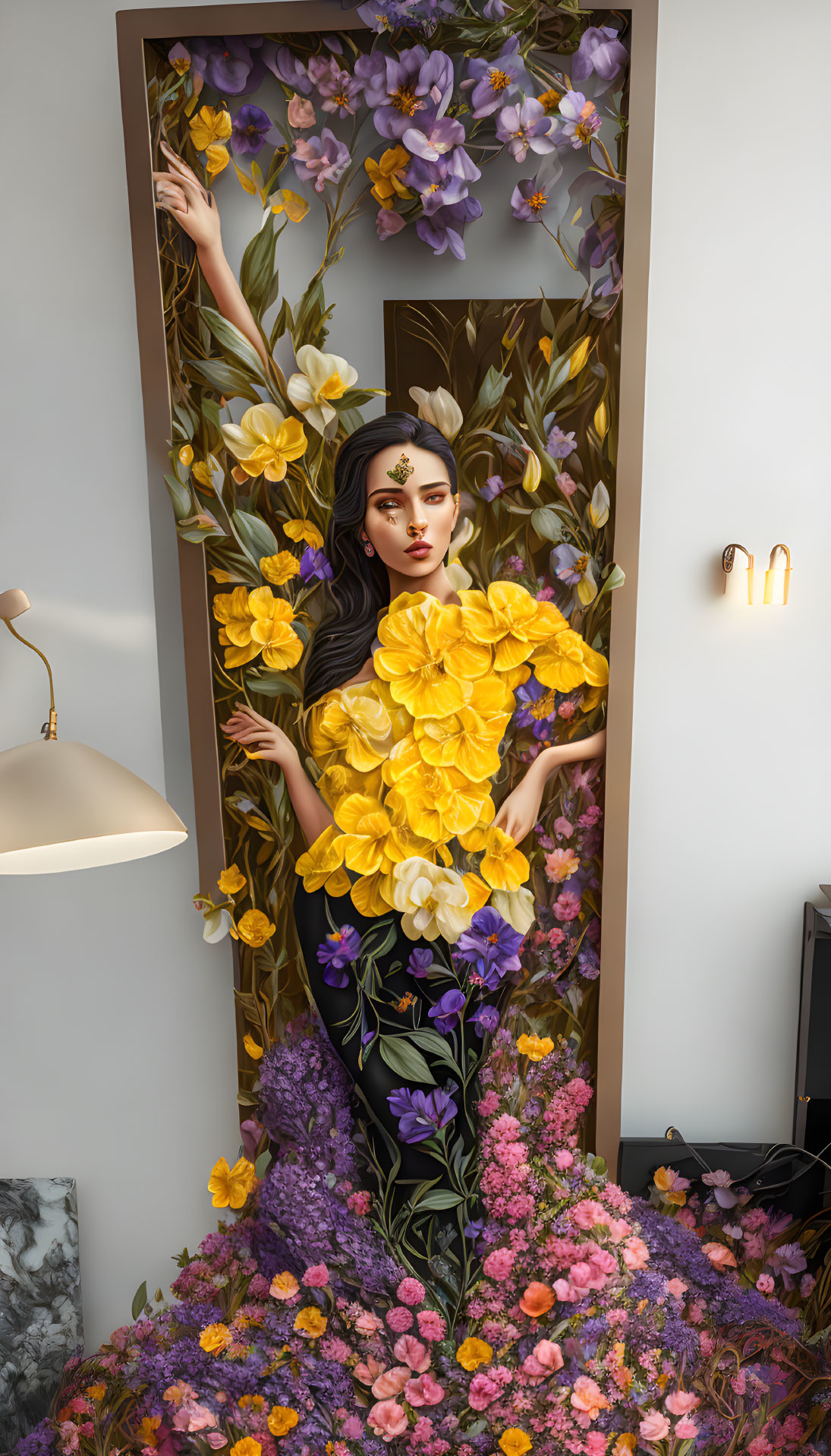 Woman in Floral Frame with Yellow and Purple Flowers