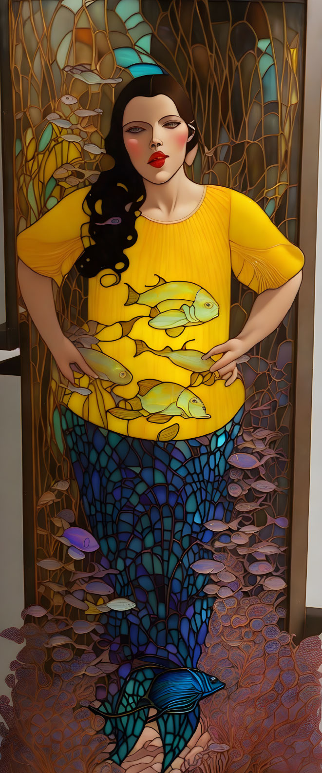 Stylized artwork of a woman with dark hair in yellow top and fish-filled ocean skirt.