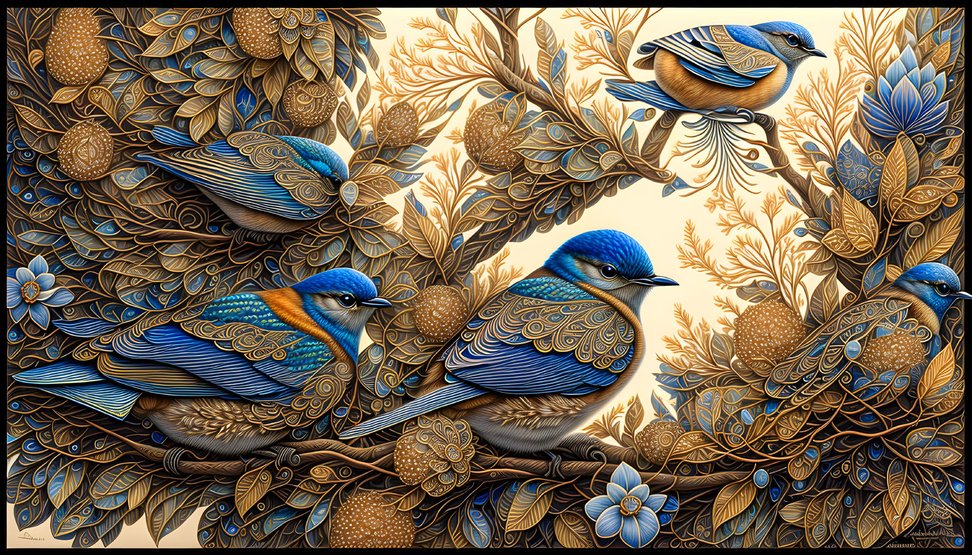 Colorful Birds and Gold Flora in Detailed Artwork